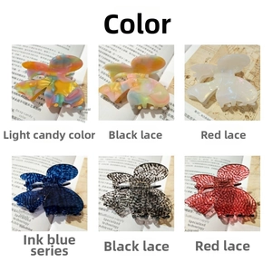 Detailed grid of six vintage lace bow hair claws in various pearl and gradient finishes