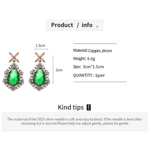 Detail view of vintage copper zircon earrings with size 3cm by 1.5cm and 6.6g weight
