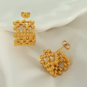 Modern 18K gold plated mesh sphere stud earrings with geometric hollow structure