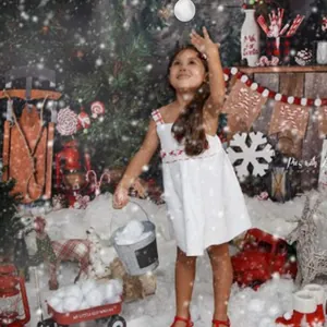 Close-up of white Christmas dress with red plaid straps in a winter snow setting