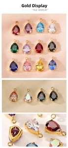 Macro detail of pear-shaped teardrop zircon pendants with polished golden metal settings