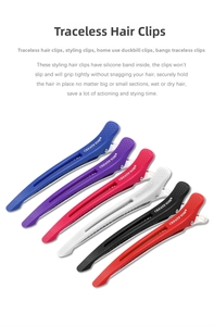 Detail of colorful duckbill hair clips featuring silicone bands for non-slip styling grip