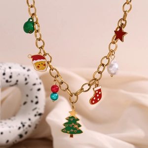 Handmade 18K gold plated Christmas bracelet with colorful enamel charms and a pearl