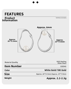 Macro detail of S925 sterling silver hollow oval earrings with 6mm inlaid shell pearls