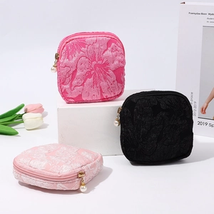 Mini floral canvas cosmetic pouch with pearl zipper pull for lipstick and jewelry