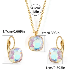 Detailed size chart of gold stainless steel jewelry set with square aurora crystals