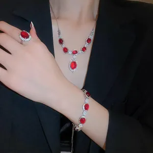 Red Gemstone Necklace Bracelet And Ring Copper Zircon Flower Inlaid Elegant Jewelry Accessory For Women Silver Plated