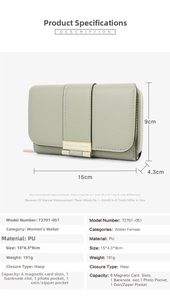 Detailed specs of light green PU leather wallet showing size 15x4.3x9cm and compartments