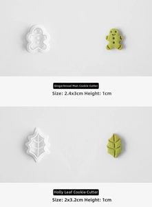 Detailed macro view of 3D gingerbread man and holly leaf mini cookie mold dimensions