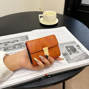 Women Mini Wallet Vintage PU Leather Multi Card Slots Gold Metal Buckle Retro Short Foldover Purse