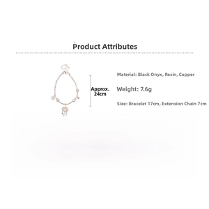 Detail of oval lock bracelet with cat paw charm showing 17+7cm length and material specs