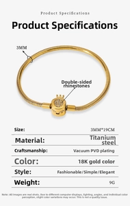 Detailed view of 3mm gold-plated stainless steel snake chain with crown clasp specifications