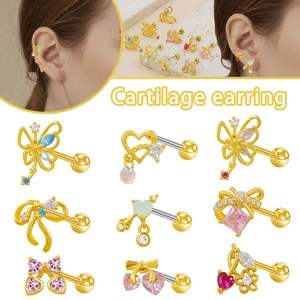 Fashion Titanium Steel Cartilage Stud Earrings For Women Rhinestone Bow Heart Cherry Butterfly Piercing Jewelry Gold Color