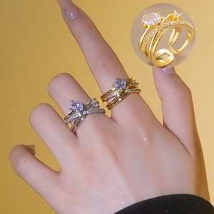 Adjustable Copper Ring Multi-Layer Cross Design With Zircon For Women Minimalist Fashion Light Luxury Style