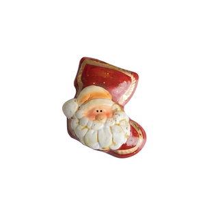 Ornamento natalizio a forma di calza con Babbo Natale in ceramica rossa vintage