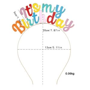 Detailed size measurement chart of rainbow It's My Birthday headband in centimeters and inches