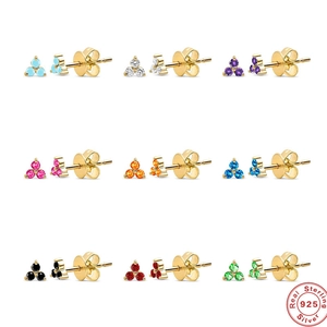 Clover Stud Earrings Geometric Colorful Zircon With 925 Sterling Silver Earring Post Floral Jewelry For Women