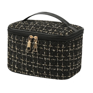 Portable black tweed makeup bag with PU leather handle and gold double zipper closure