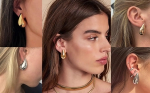 Multiple views showing large hollow teardrop earrings in polished gold and silver finish