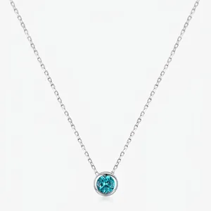 Round Blue Zirconia Pendant Necklace 925 Sterling Silver Minimalist British Vintage Elegant Jewelry For Women