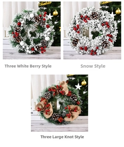 Three Christmas wreath styles: White Berries, Snowy pine cones, and Burlap Bow designs