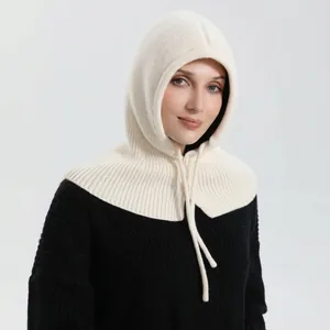 Knitted cream balaclava with adjustable drawstrings for windproof winter neck and head warmth