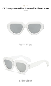Detailed front and side view of white frame sunglasses with silver mirrored lenses