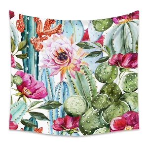 Detailed watercolor painting of cacti and pink flowers on a bohemian wall tapestry
