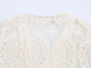 Dettaglio di elegante tessuto in pizzo bianco sporco con ricami floreali e tulle fine