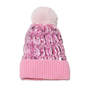 Detailed view of pink knit beanie with metallic coating and fluffy faux fur pompom top