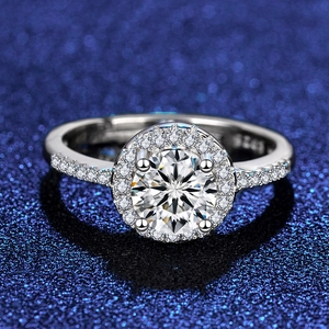 Macro shot of S925 silver stamp inside the halo engagement ring with round zircon stones
