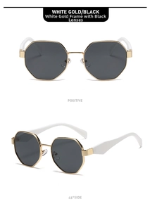 Front and 45-degree side views of white gold geometric sunglasses with black grey lenses