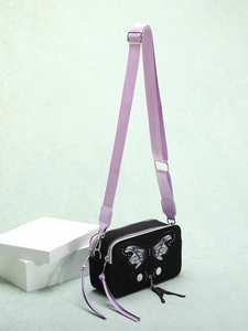 Black mini camera crossbody bag with butterfly embroidery and lavender nylon strap
