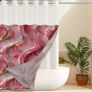 Detail of pink marble shower curtain with gold glitter lines and silver metal grommets