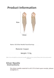 Detail view of champagne gold diamond-shaped fringe earrings with 925 silver needles