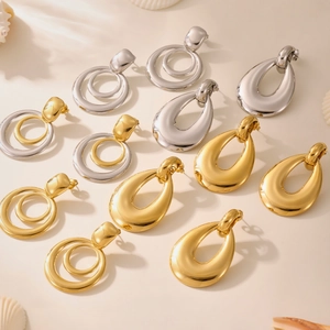 Golden and silver polished stainless steel hollow teardrop and double hoop earrings set