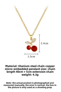Detail of red cherry pendant necklace with size dimensions and titanium steel chain