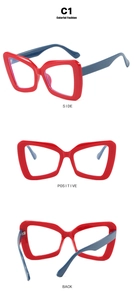 Three views of oversized polygonal eyewear frame in red and blue color contrast