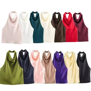 Women's halter neck satin tops in 14 vibrant colors with chic draped cowls