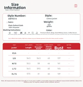 Size chart detail for loose windproof jacket with measurements in centimeters