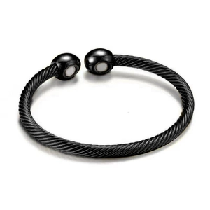 Men's black twisted cable magnetic stainless steel cuff bracelet in punk hip hop style