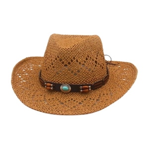 Cappello Da Cowboy In Paglia Intrecciato Traforato Traspirante Stile Western Tesa Larga Spiaggia Protezione Solare Turchese Decorazione Perle In Legno Per Donne