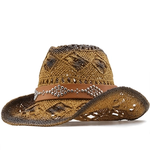 Chapeau De Cowboy En Paille Tissé Ajouré Protection Solaire Plage Bande En Cuir Rivets Métalliques Vintage