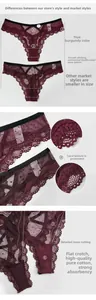 Detail of wine red lace thong showing neat stitching and breathable cotton crotch