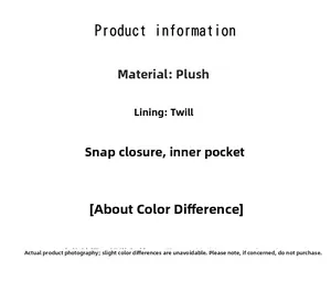 Detail specifications of plush tote bag featuring snap closure and poplin lining details
