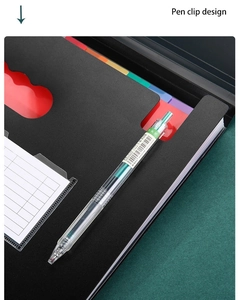 Detail view of the functional pen clip design on a black multi-layer accordion file folder