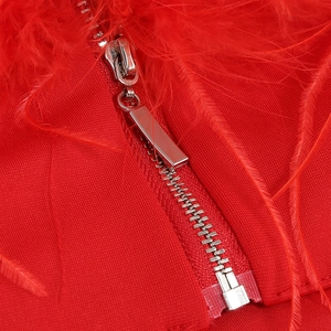 Detailed macro view of high-quality silver metal zipper and red feather trim on dress
