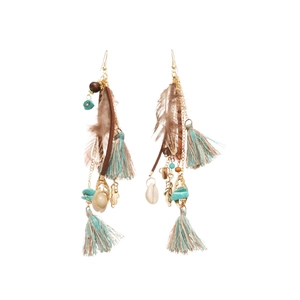 Bohemian dangle earrings with teal tassels, brown feathers and natural shells on white background