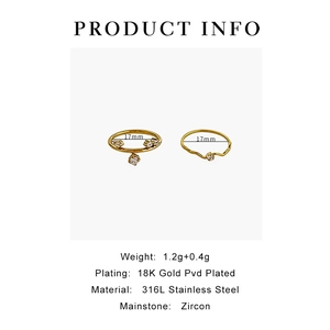 Macro detail of 18K gold plated 316L stainless steel rings with zircon and 17mm size info