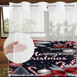 Detail of Christmas shower curtain featuring festive patterns and translucent white fabric